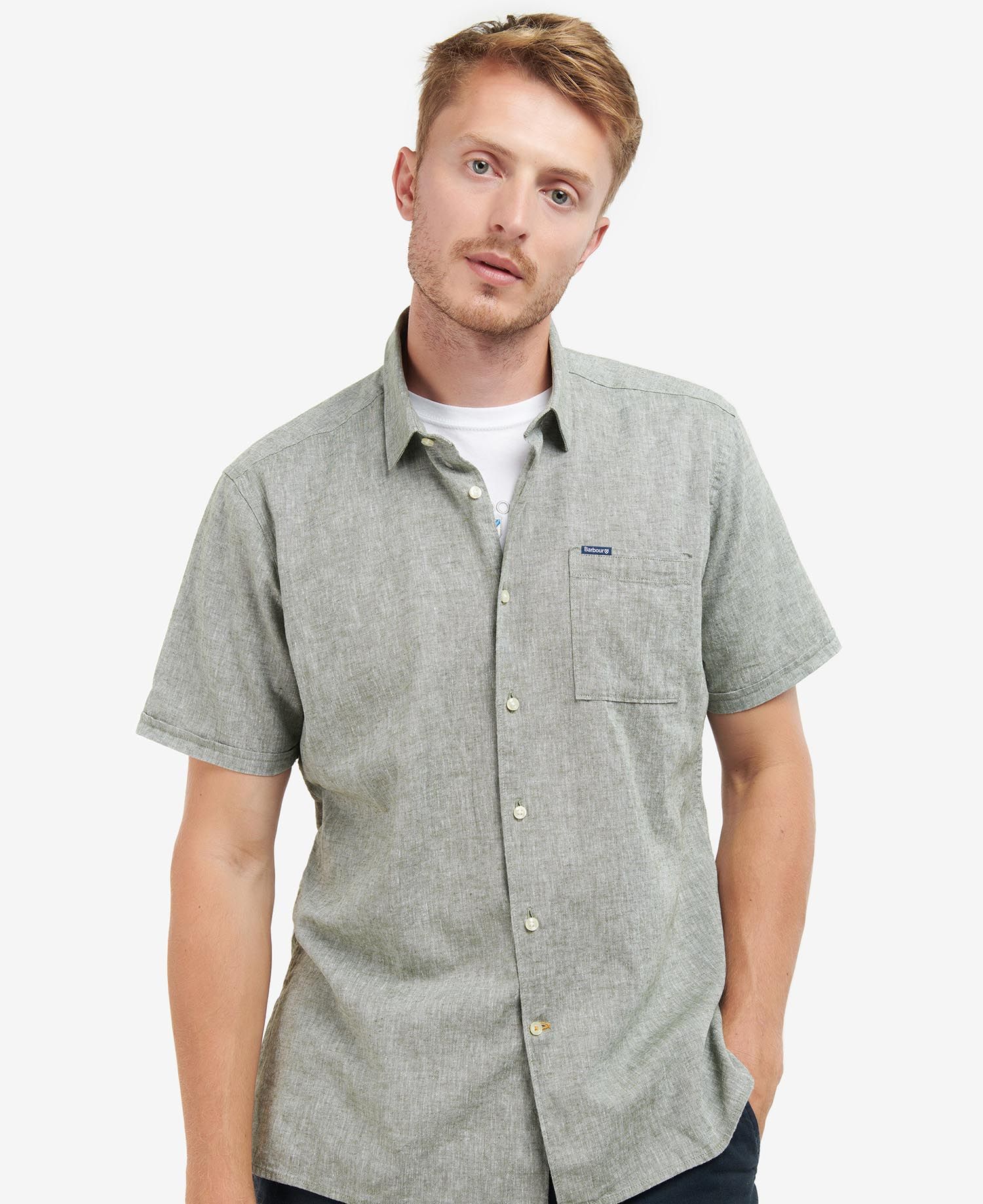 Barbour - Herre, kortærmet Skjorte, Nelson - Bleached Olive