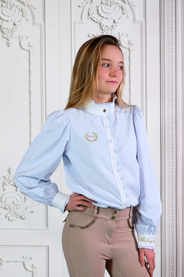 Joline - Børn, Pre Order, Langærmet, Ridebluse, M. Flæser/ Stribet- Baby Blue