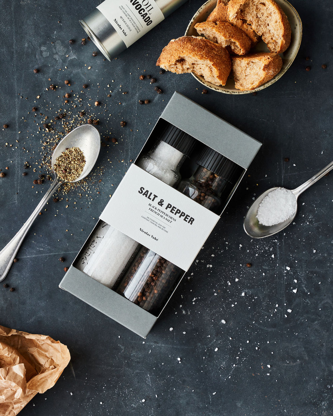 Nicolas Vahé - gaveæske, Salt &amp; peber, Black peppercorns, French seasalt