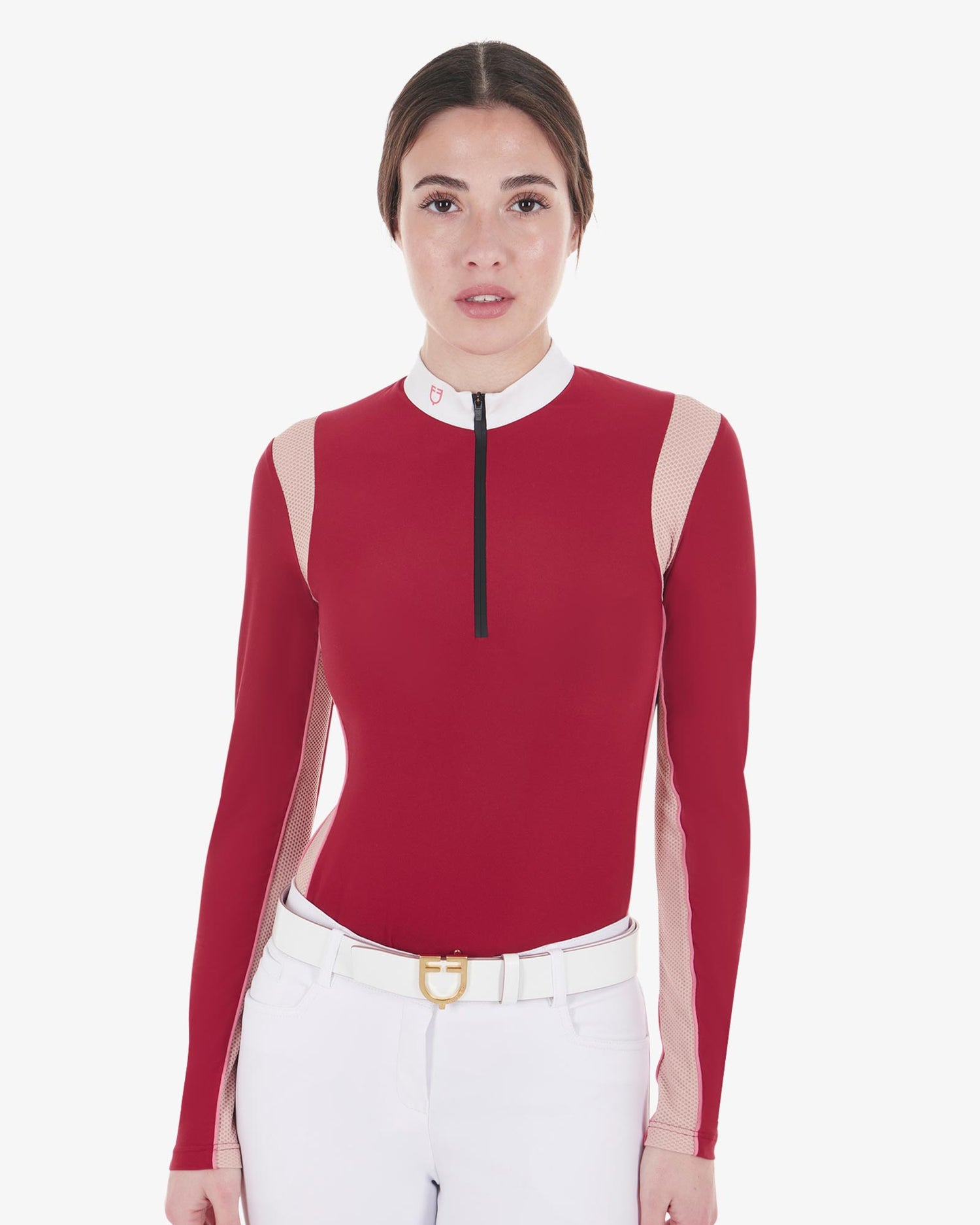 Equestro - Dame Stævne-polo, Mesh insert competition polo shirt - Scooter/cameo rose