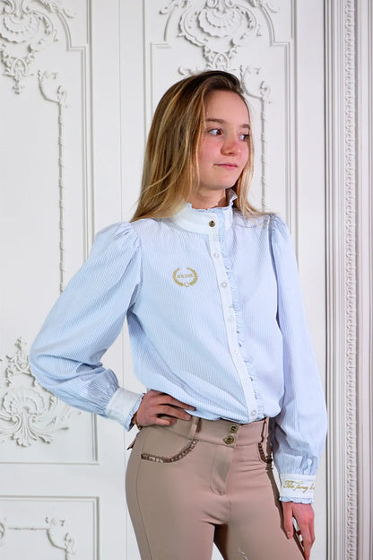 Joline - Børn, Pre Order, Langærmet, Ridebluse, M. Flæser/ Stribet- Baby Blue