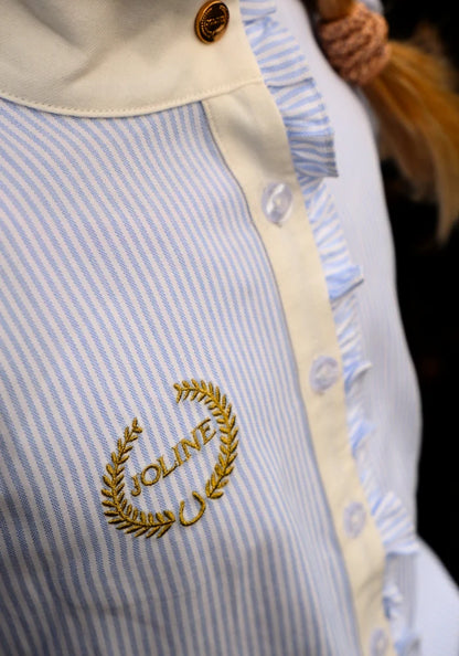 Joline - Børn, Pre Order, Langærmet, Ridebluse, M. Flæser/ Stribet- Baby Blue